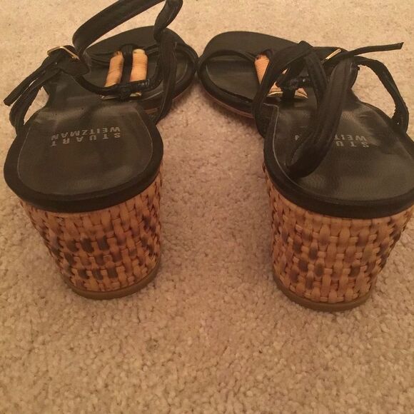Vtg Rare STUART WEITZMAN Black Leather Strappy Brown BASKET WEAVE Heels Sandals - Picture 4 of 12